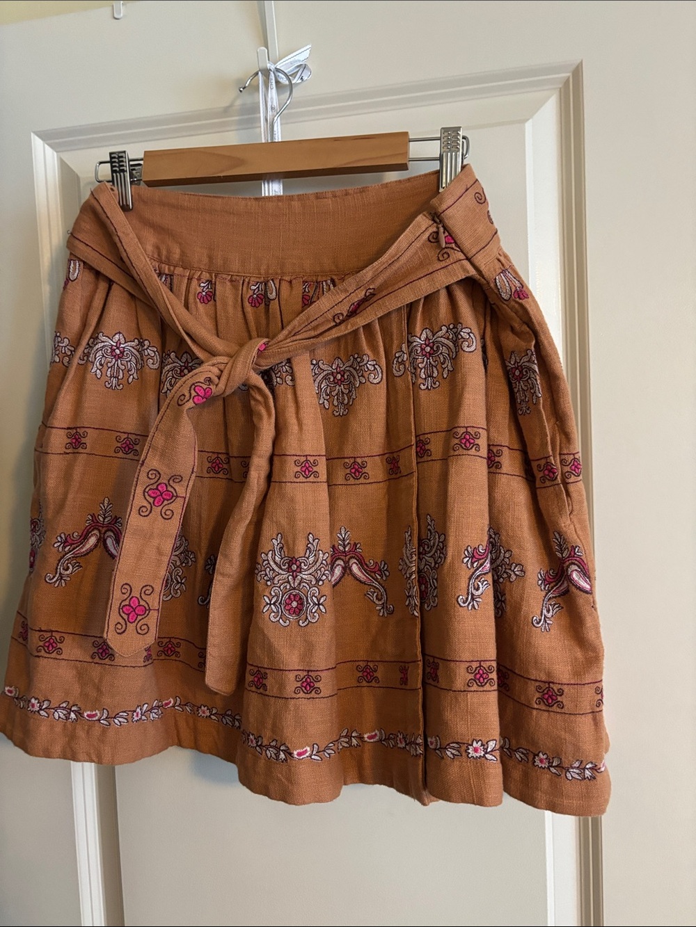 Anthropologie Rust Embroidered Tie-Waist Circle Skirt